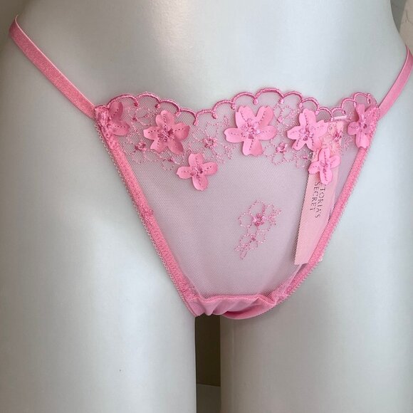 Victorias Secret SEXY THONG T-Back Floral Embroidered Mesh Panties Panty Lace M - Picture 1 of 8